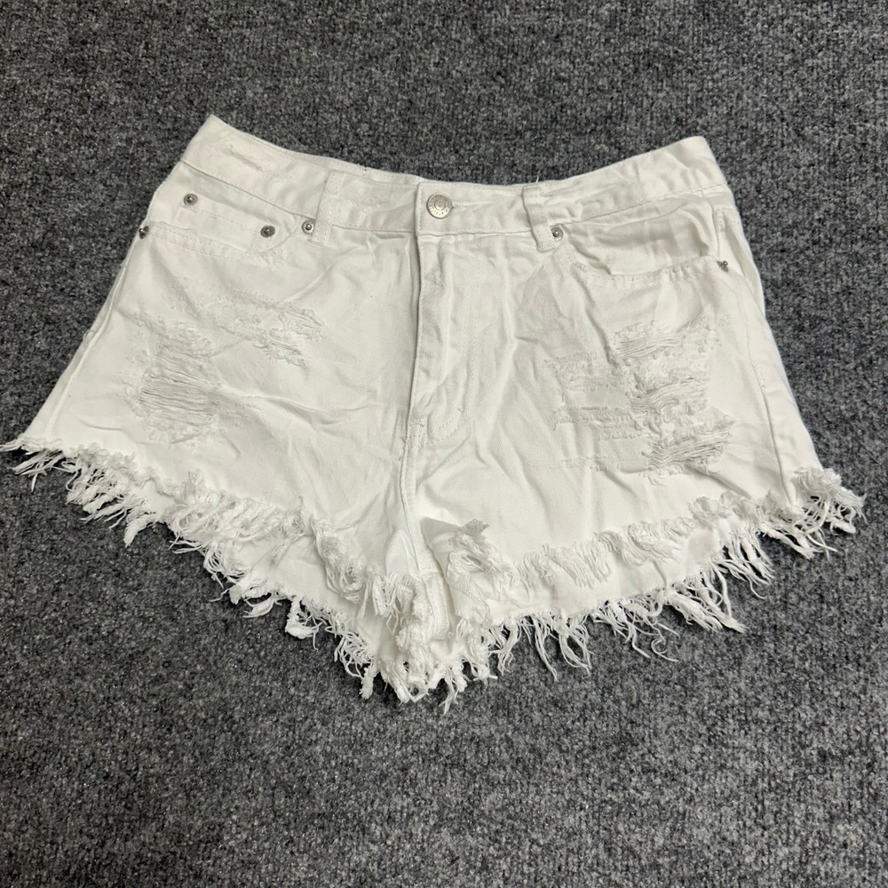 Glassons Denim Shorts Womens Size 8 White Distressed Cotton Frayed High Waist